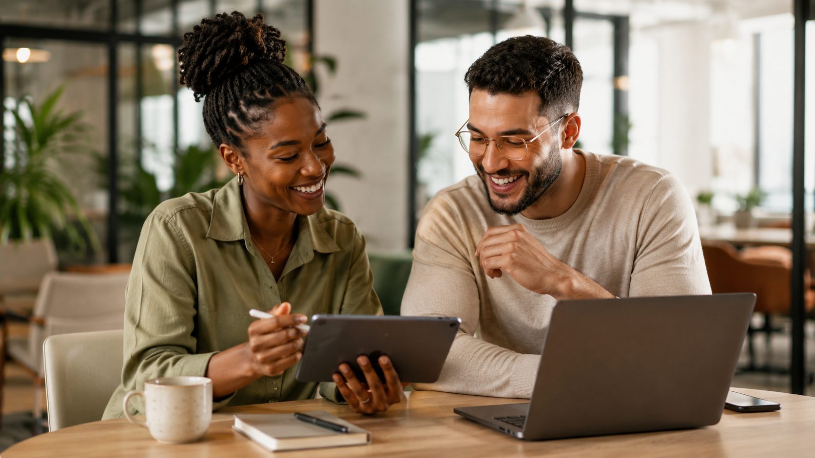 A hiring team reviewing a candidate together on a tablet in a warm office