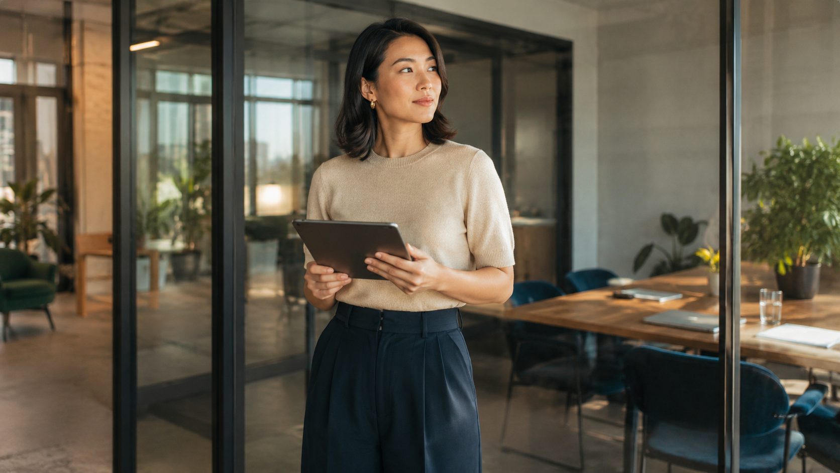 A candidate standing with a tablet during a structured interview